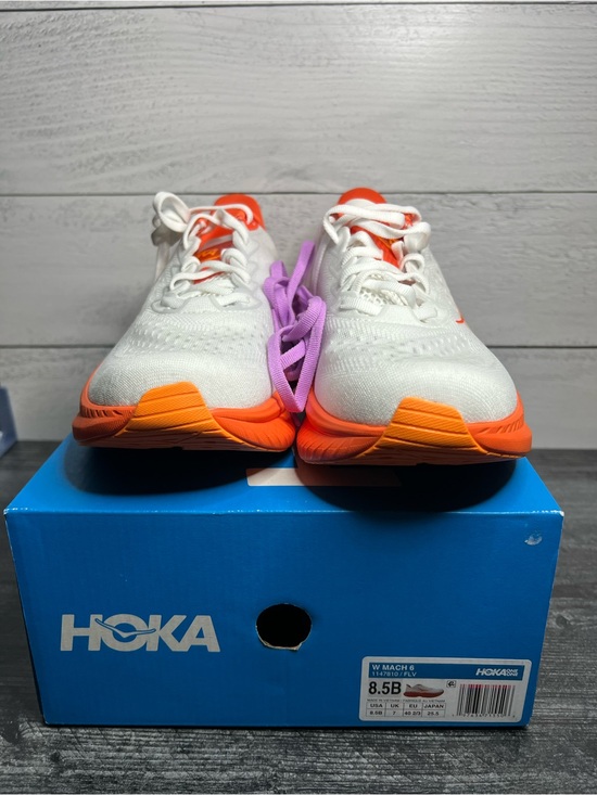 Hoka Shoes - Hoka Womens Mach 6 with Orange Accents and Purple Laces